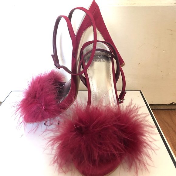 NIB GUESS Sexy Burgundy Strappy Pumps w/Feathers - Picture 2 of 7